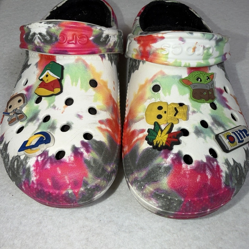 Crocs‎ Classic Tie Dye Lined Clogs Mens 5 Womens 7 Fleece Winter Shoes w/ Charms